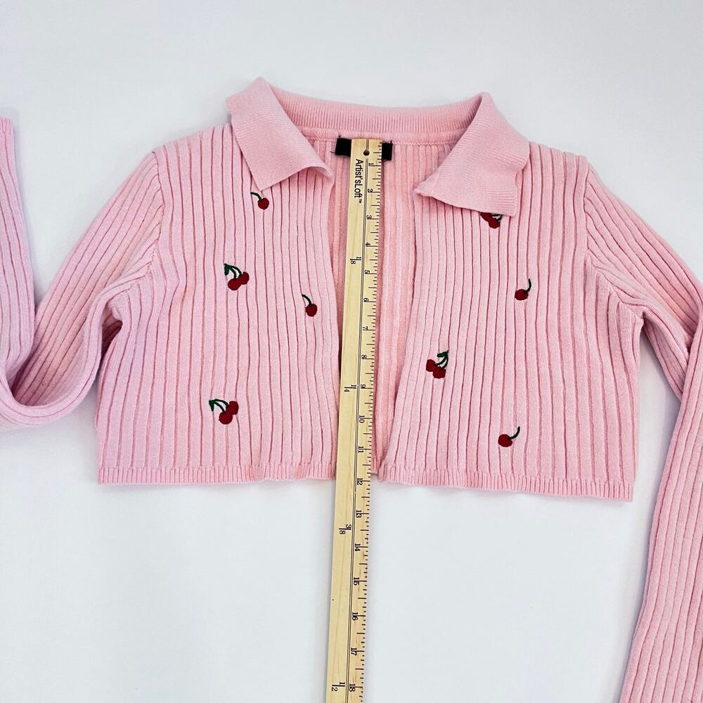 WITTY FOX LONG SLEEVE CROP COLLARED WOMENS GIRLS CARDIGAN SWEATER PINK CHERRIES - Picture 9 of 16